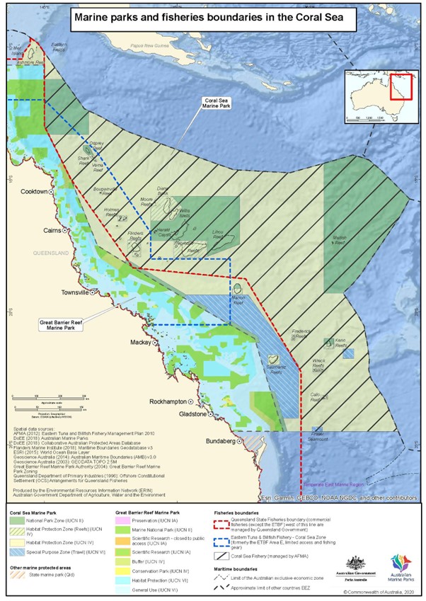 map of fishery and marine park boundaries in the coral sea